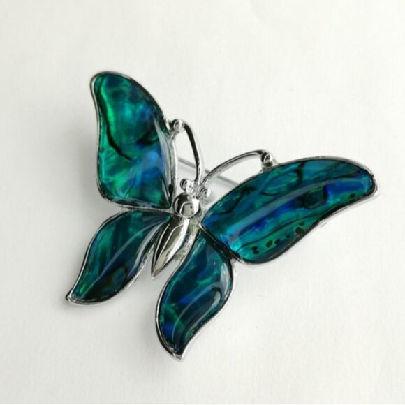 NWT handmade Abalone shell blue butterfly brooch pin - Picture 2 of 8